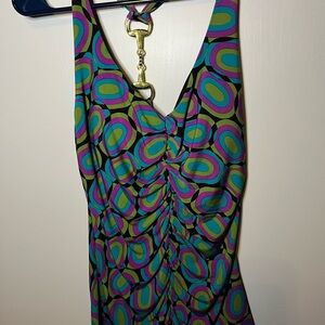 Bisou Bisou Retro Oval Print top in Teal, Purple & Lime